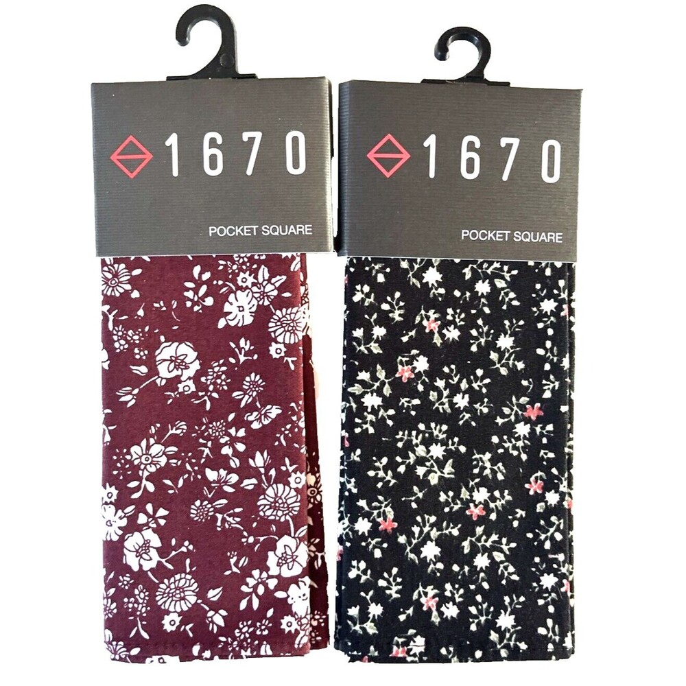 2-Pack, 1670 Pocket Squares Burgundy & White Floral & Black Floral, Cotton